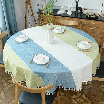 Round Plaid Cotton Linen Round Tablecloth