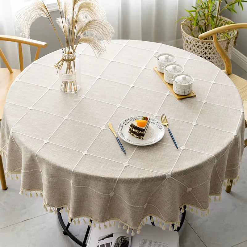 Round Plaid Cotton Linen Round Tablecloth