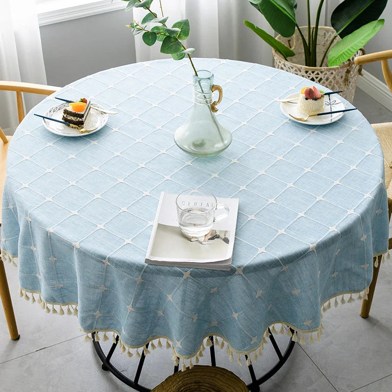 Round Plaid Cotton Linen Round Tablecloth