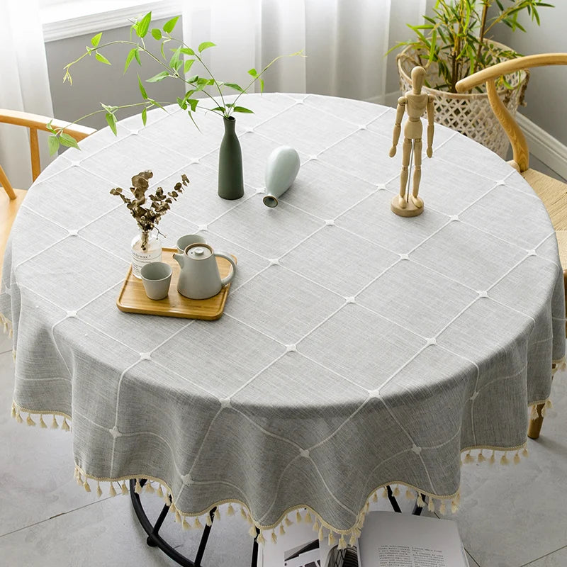 Round Plaid Cotton Linen Round Tablecloth