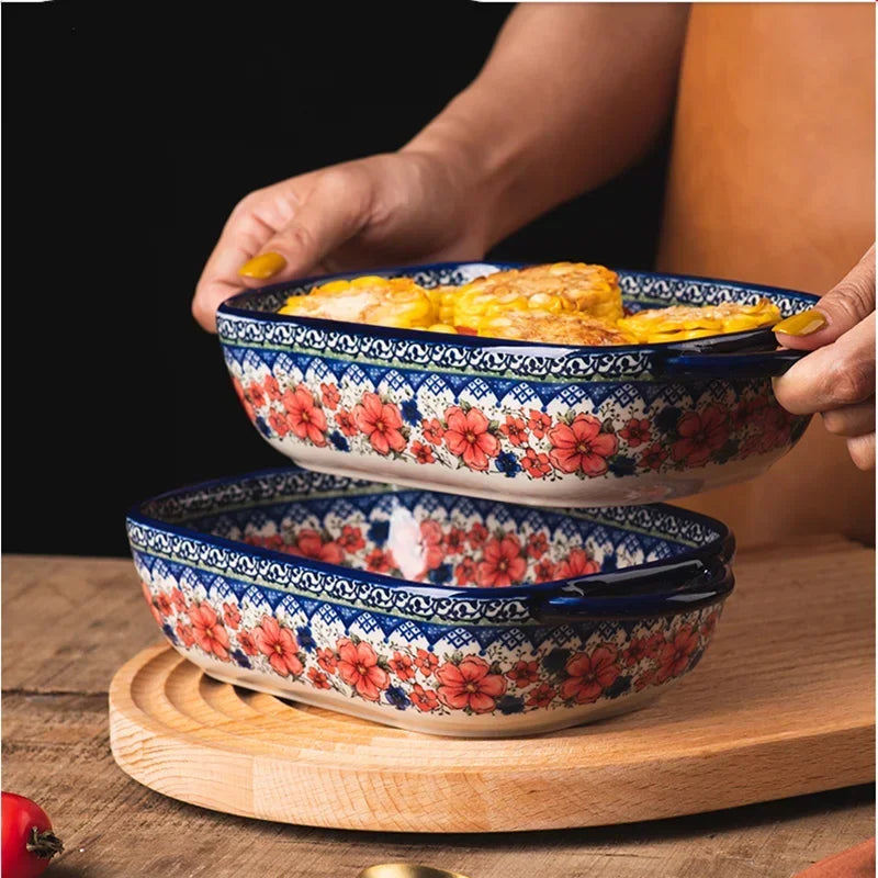 Polish Retro Style Dinner Set Plates and Dishes Ceramic Handle Bowl Binaural Pan Sauce Dish Kitchen Decoration Tableware MB Home