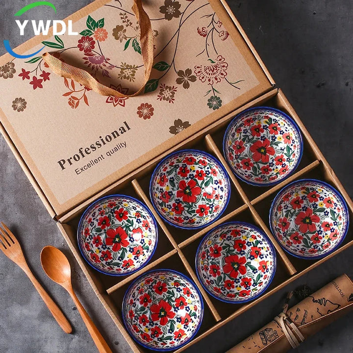 YWDL Japanese Ceramic Cereal Bowl Set Dessert Salad Snack Bowl Kitchen Noodle Bowl Tableware Set Microwave Safe Gift Box MB Home